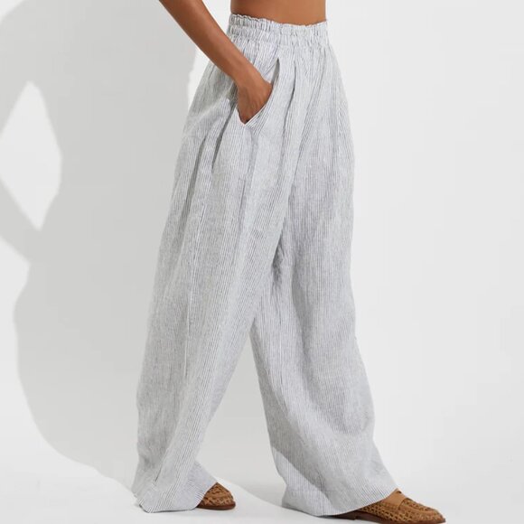 LEFT ON FRIDAY COASTAL PANT 100% LINEN High Rise Elastic Stripe $160 Medium - Picture 2 of 9